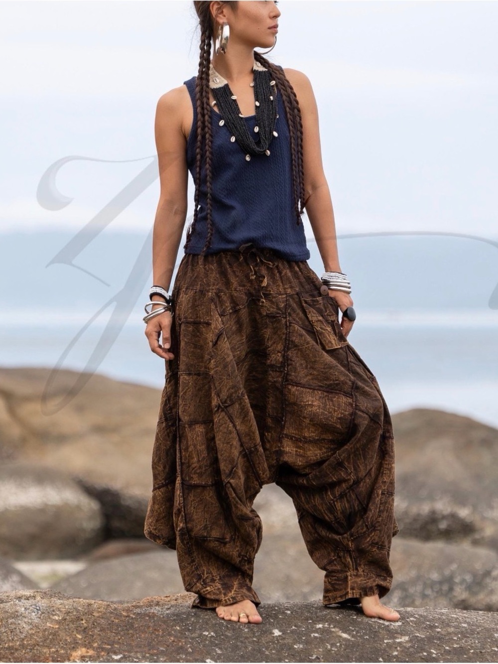 Bohemian Wide-Leg Harem Pants in Washed Brown